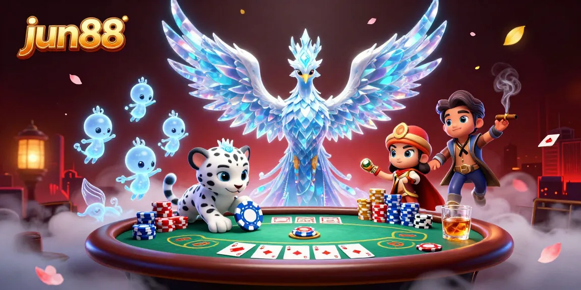 Engage in thrilling poker action at jun88 with a captivating illustration of an ice phoenix and gambling elements.