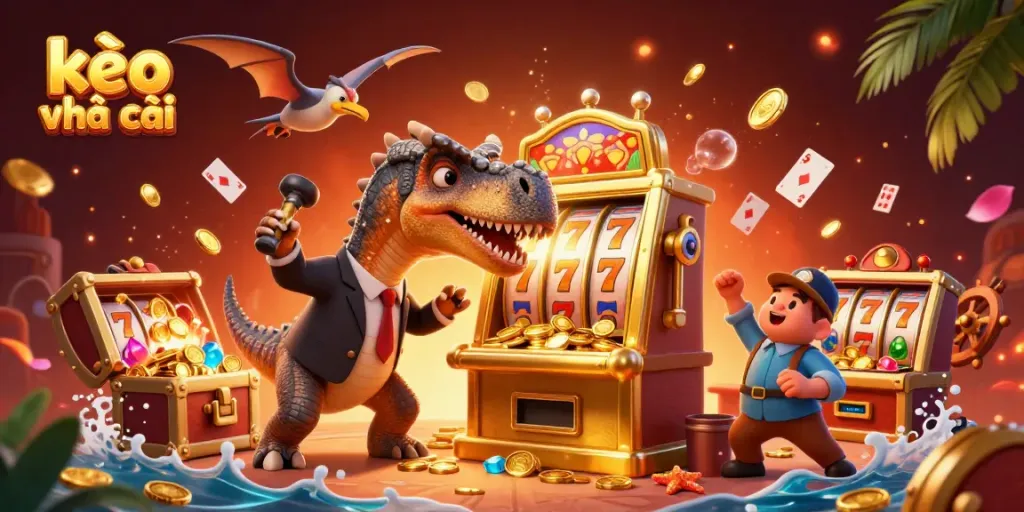 Experience kèo nhà cái with a cartoon dinosaur winning jackpots amidst a vibrant casino scene.