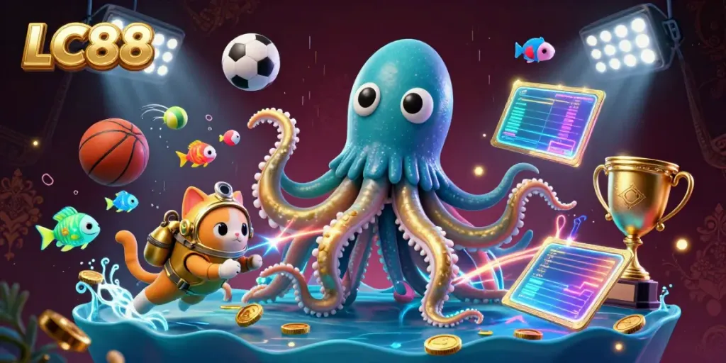 Engage in thrilling games at LC88 with a dynamic scene featuring a kraken and diving cat.