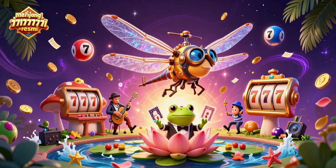 Engage with mahjong777-resmi at a vibrant lily pad casino featuring a dragonfly pilot and frog croupier.