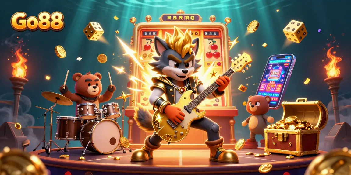 Go88 casino game scene with a rock star wolf and drummer bear celebrating a jackpot.