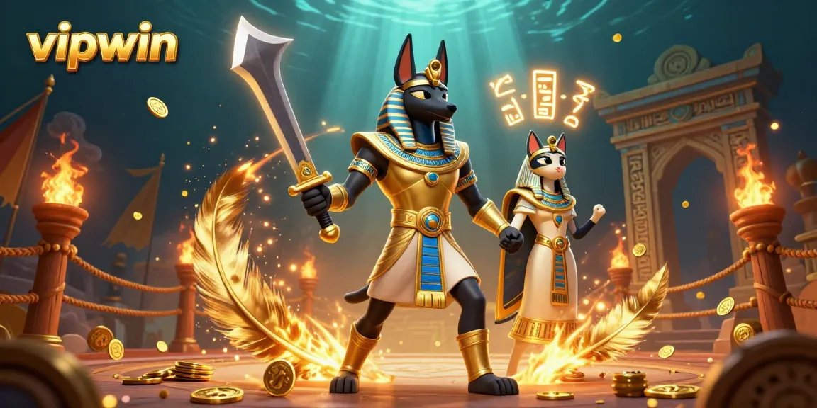 Experience thrilling gameplay at vipwin with ancient Egyptian warriors, gold coins, and vibrant casino elements.