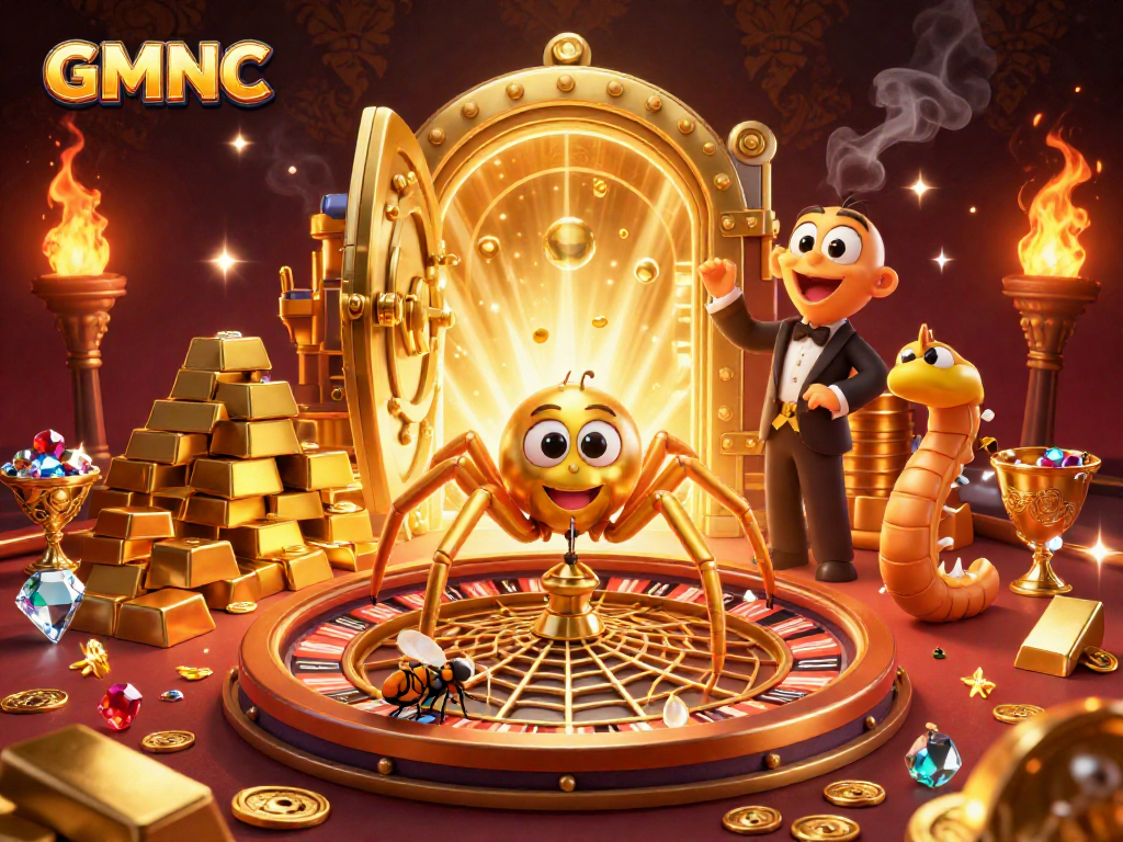 Betting at GMNC's unique roulette wheel web, with a golden spider and centipede croupier