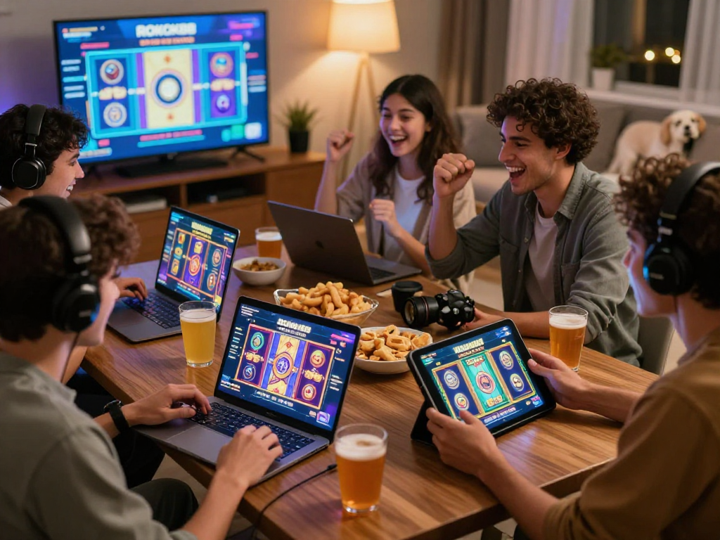 Enjoying rokok88 gaming with friends in a cozy living room setting.