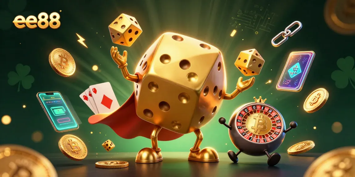 ee88 showcases excitement with a golden dice golem and cryptographic treasures in a vibrant casino scene.