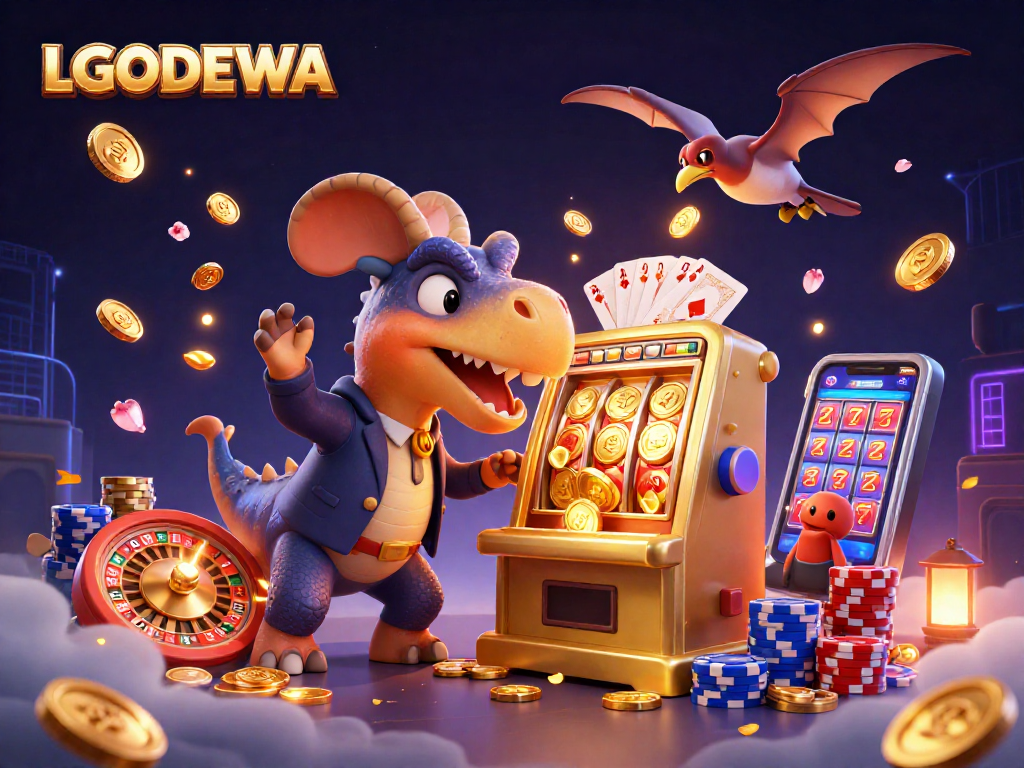 Experience LGODEWA's dynamic casino scene with a pachycephalosaurus winning jackpots.