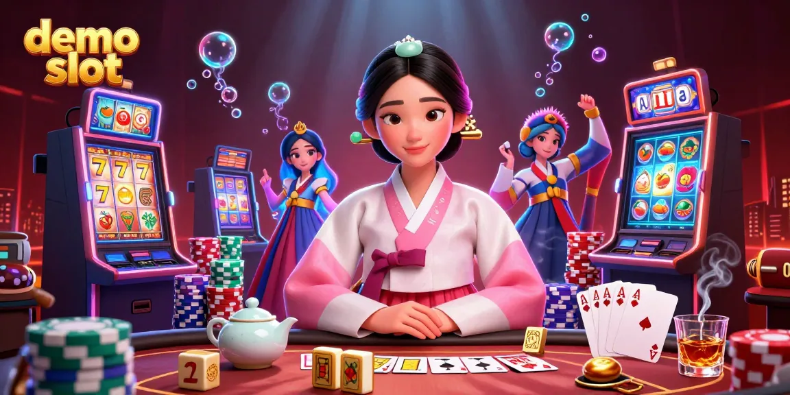 Spin colorful demo slots featuring elegant Asian woman in traditional hanbok at a vibrant poker table.