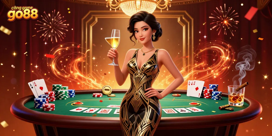 Experience thrilling gameplay at cổng game go88 with an elegant Asian woman celebrating at a luxurious casino.