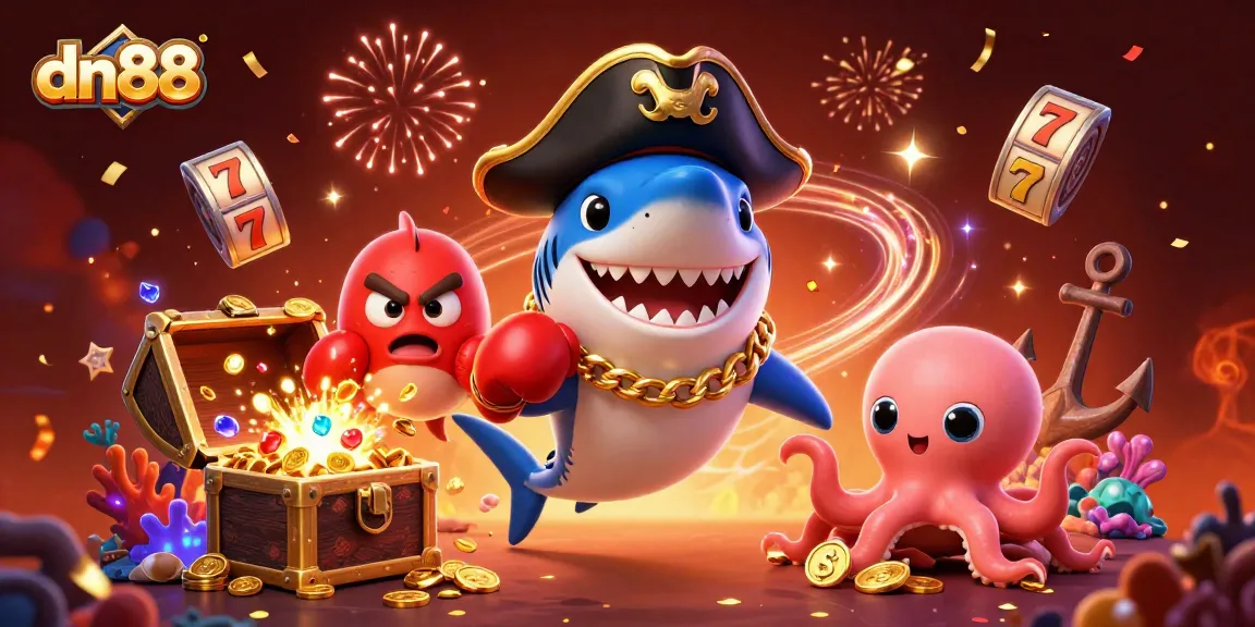 Experience the thrilling world of dn88 with a pirate shark, boxing pufferfish, and octopus holding gold coins in a vibrant casino scene.