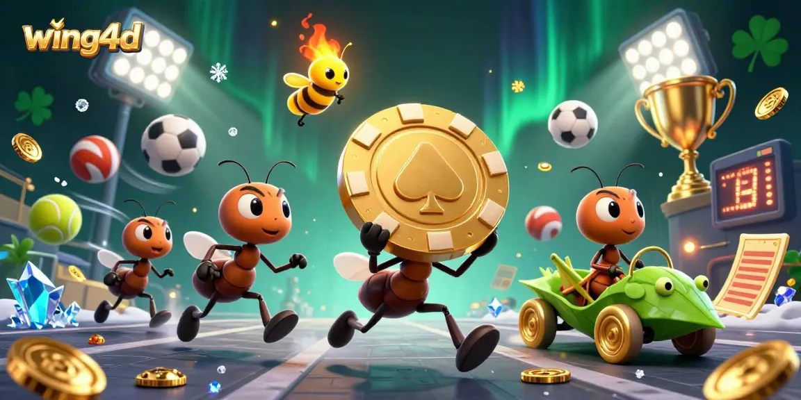 Engage with wing4d's vibrant heist scene, where cartoon ants carry a giant poker chip, amidst dynamic sports elements.
