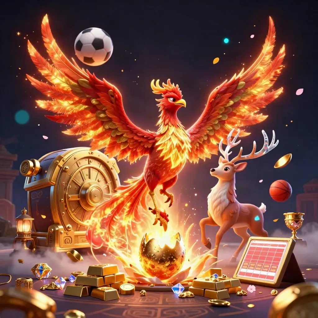 Phoenix, stag, and hatchling amid gold vault burst, balls, and glowing fantasy casino lights
