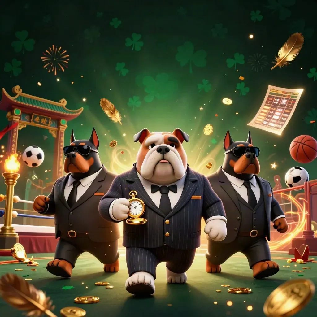 Three mafia-boss bulldogs with bodyguards amid casino glam, gold bursts, temple gate, and neon energy.