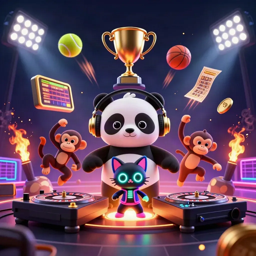 Low-angle casino sports tile with panda DJ, monkey dancer, glow-stick kitten, flying balls, and gold lights.
