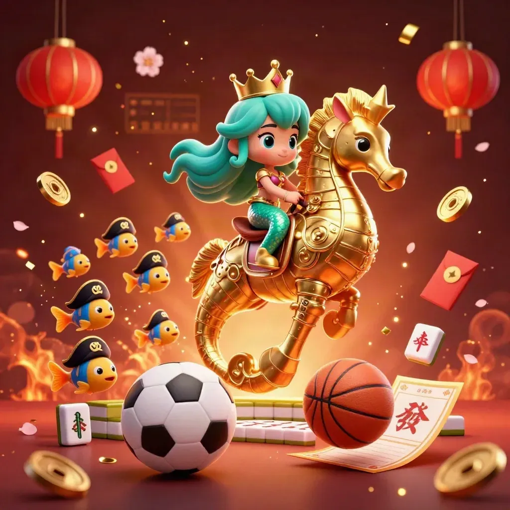 Mermaid princess on armored seahorse amid pirate fish, casino tokens, fireworks, and glowing sports balls.
