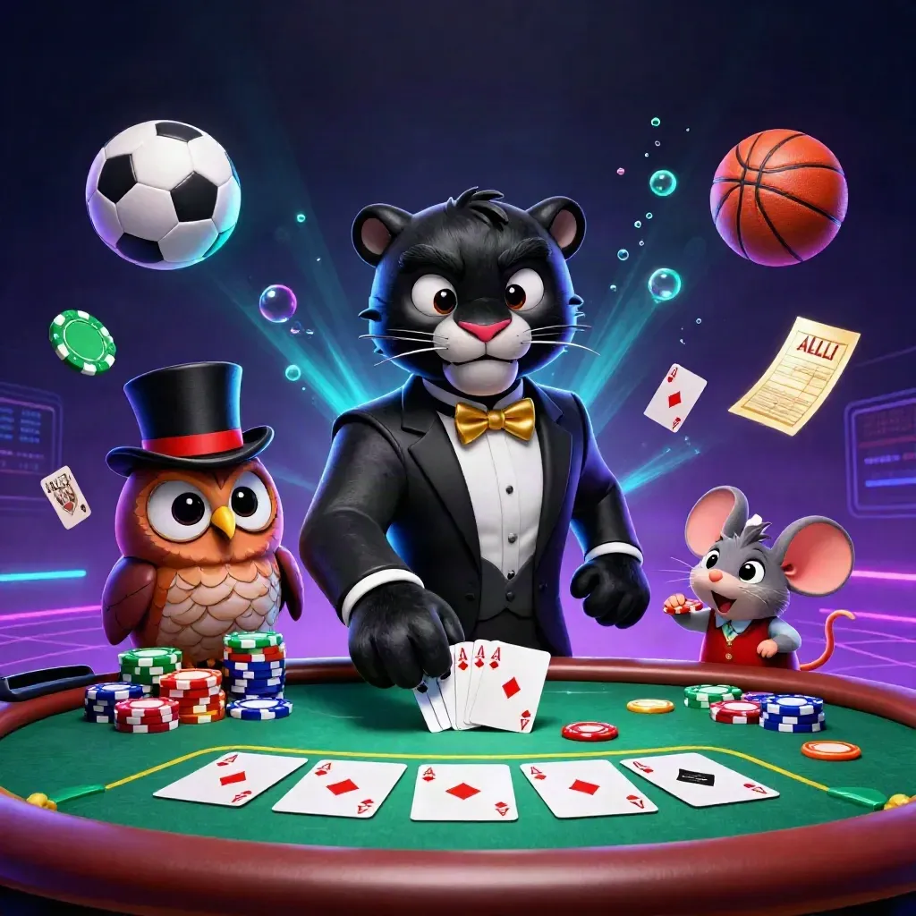 Panther, owl, and mouse at a glowing casino poker table with chips, cards, and neon lights.