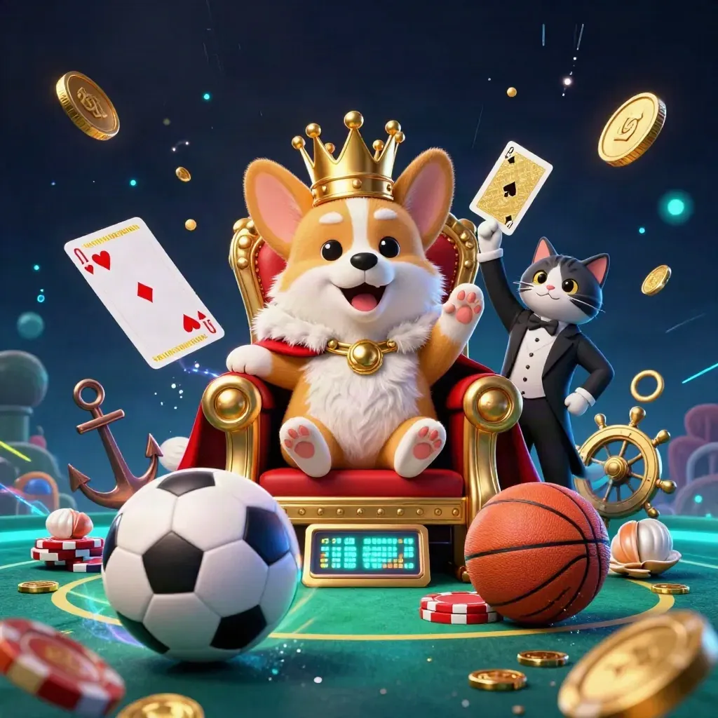 Royal corgi and cat butler in a treasure cove with floating balls, chips, coins, and neon casino magic