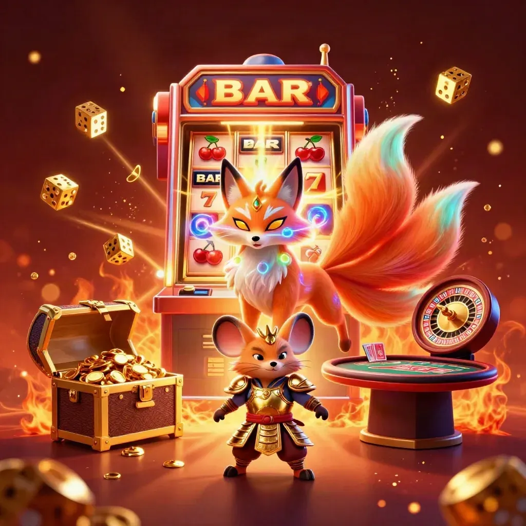Neon fox spirit and golden mouse amid casino treasures, slot burst, dice, cards, and glowing wheel