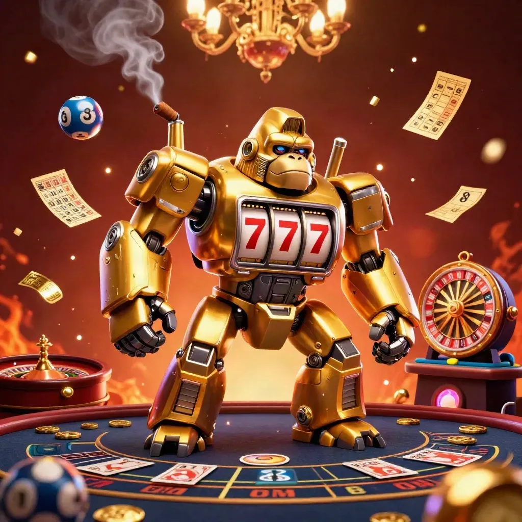 Golden gorilla slot-mech and tiny monkey pilot amid casino lights, prize wheel, lottery balls and brass.