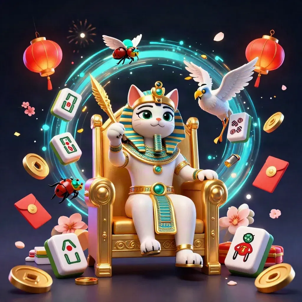 Pharaoh cat and ibis scribe with scarabs, lanterns, coins and fireworks on a dark neon casino backdrop