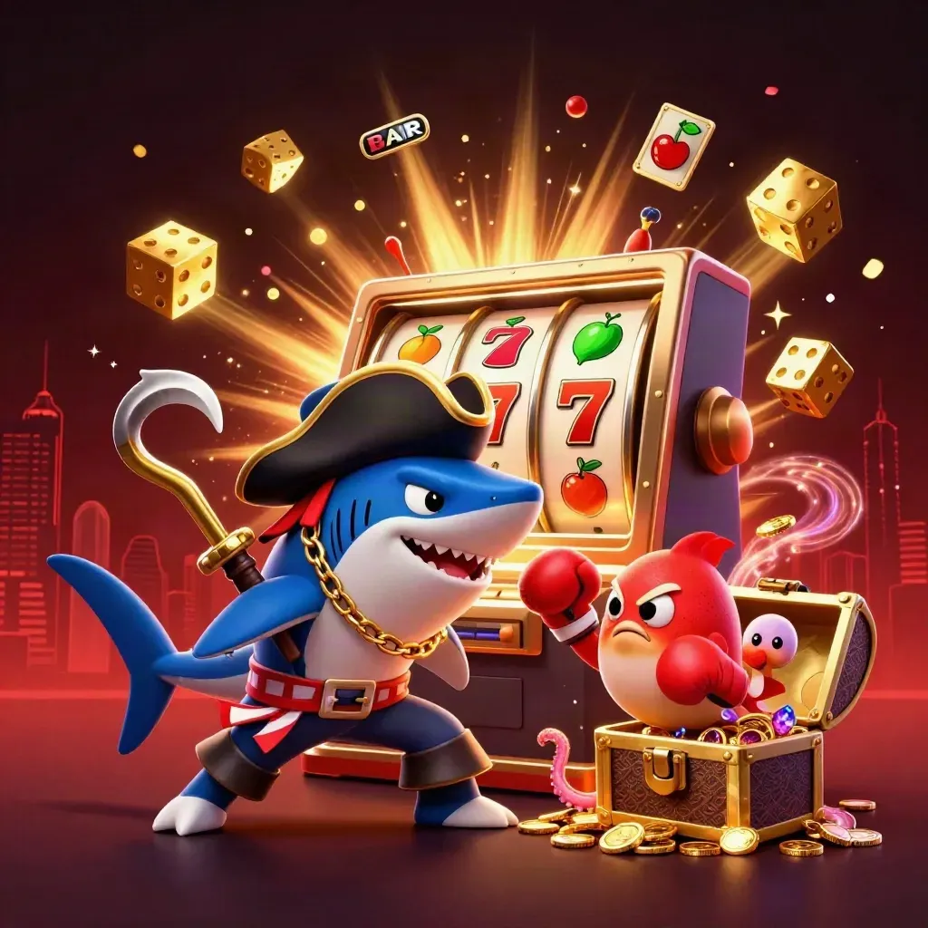 Pirate shark, boxing pufferfish, and coin-juggling octopus amid exploding treasure.