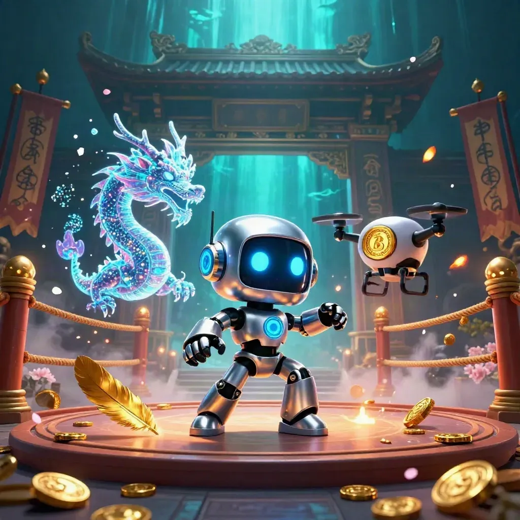 Cyberpunk robot, holographic dragon and coin drone burst through a temple ring underwater