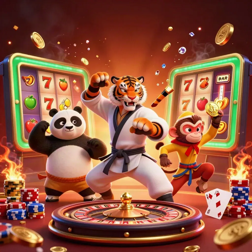 Tiger, panda, and monkey casino heroes amid coins, gems, roulette wheel, chips, and neon ember glow.