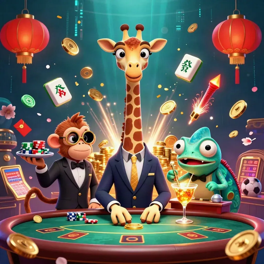 Giraffe, monkey, and chameleon amid casino coins, fireworks, and treasure glow