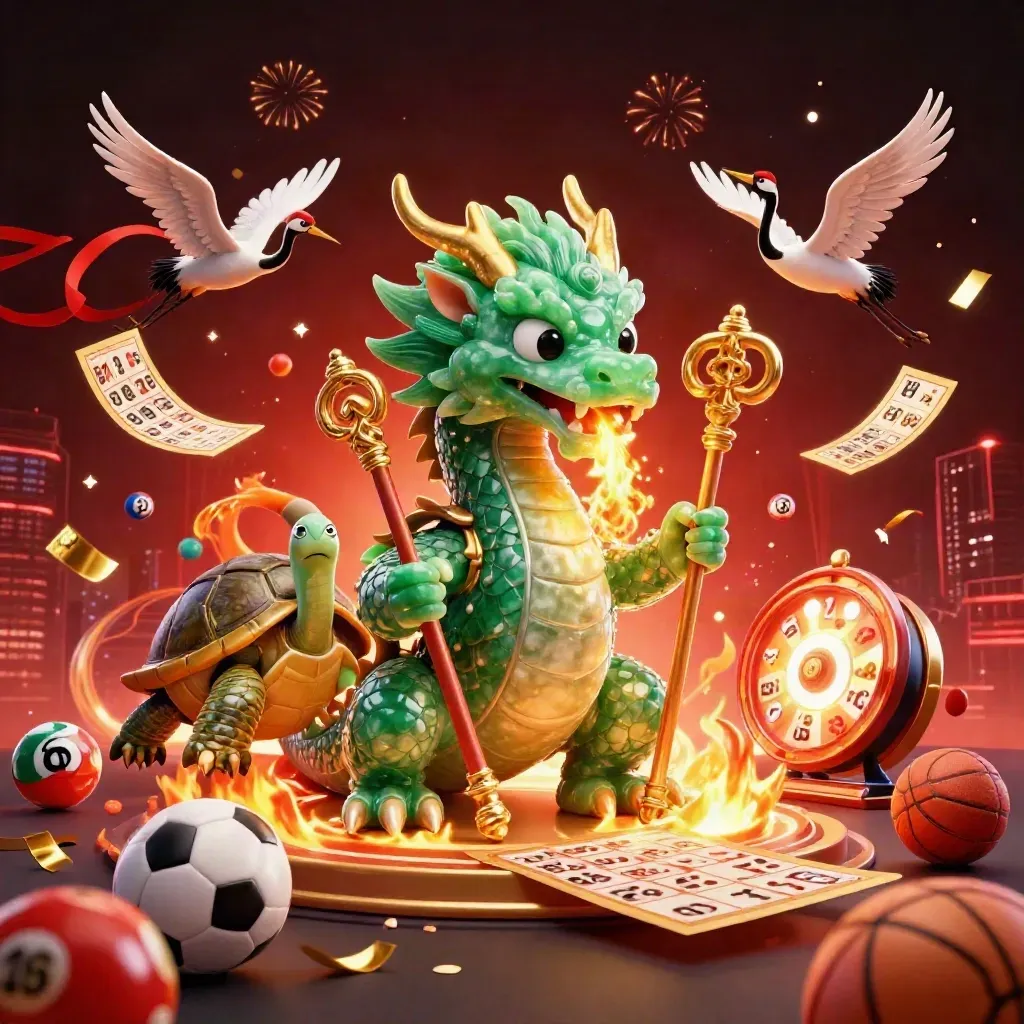 Emerald dragon, turtle sage, and cranes amid gold coins, fireworks, and casino prizes