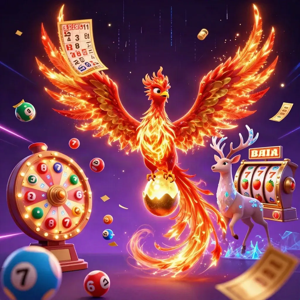 Fire phoenix, hatching chick, crystal stag, casino effects in a neon cosmic scene