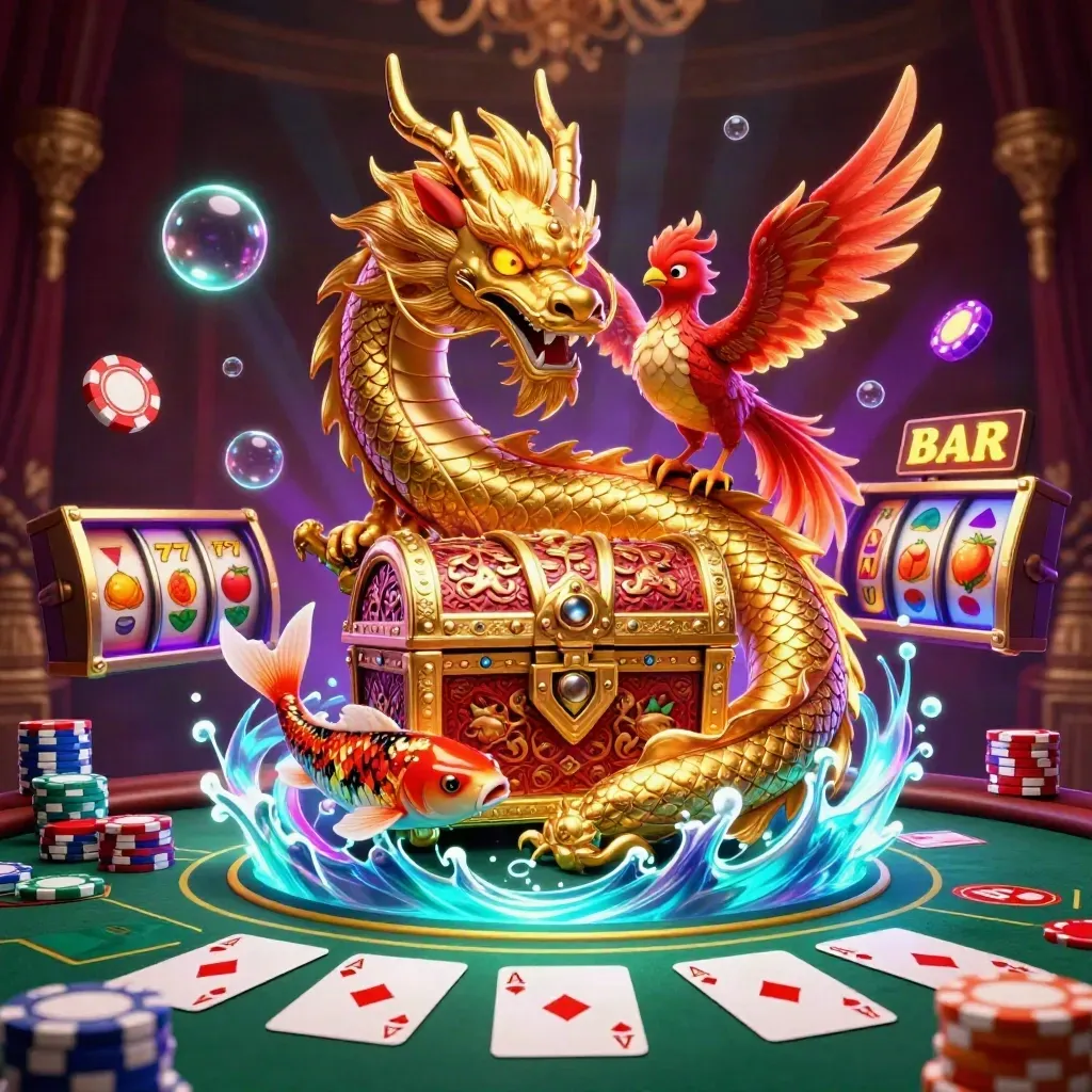Golden dragon, phoenix, koi and casino props bursting from a dark luxe casino scene.