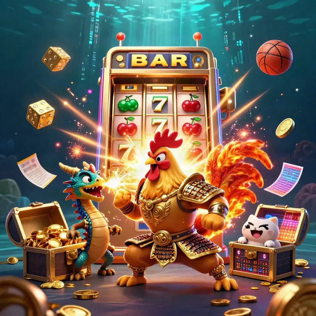 Rooster warrior, dragon hatchling, and fortune-cat amid exploding slot jackpots and gold in neon casino style.