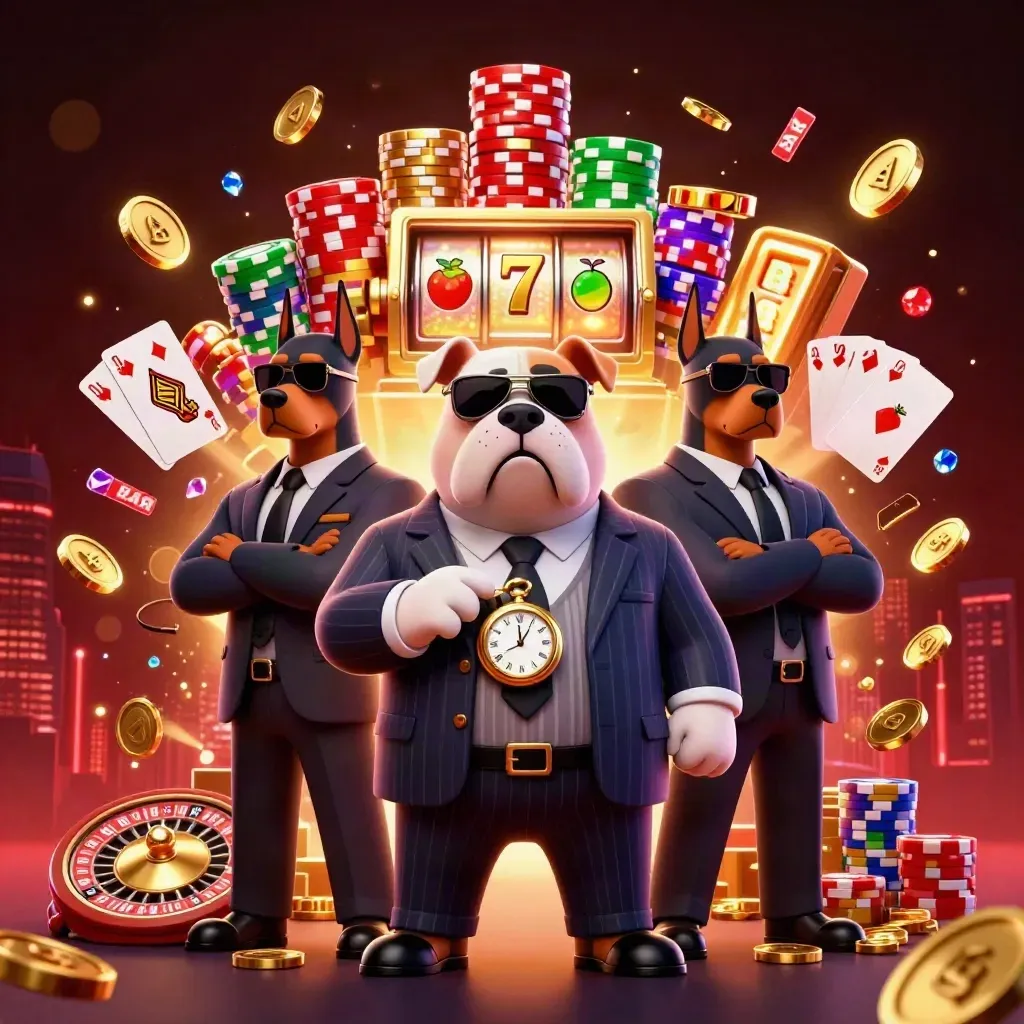 Bulldog boss with two Dobermans amid coins, chips, roulette, cards and crimson casino glow.