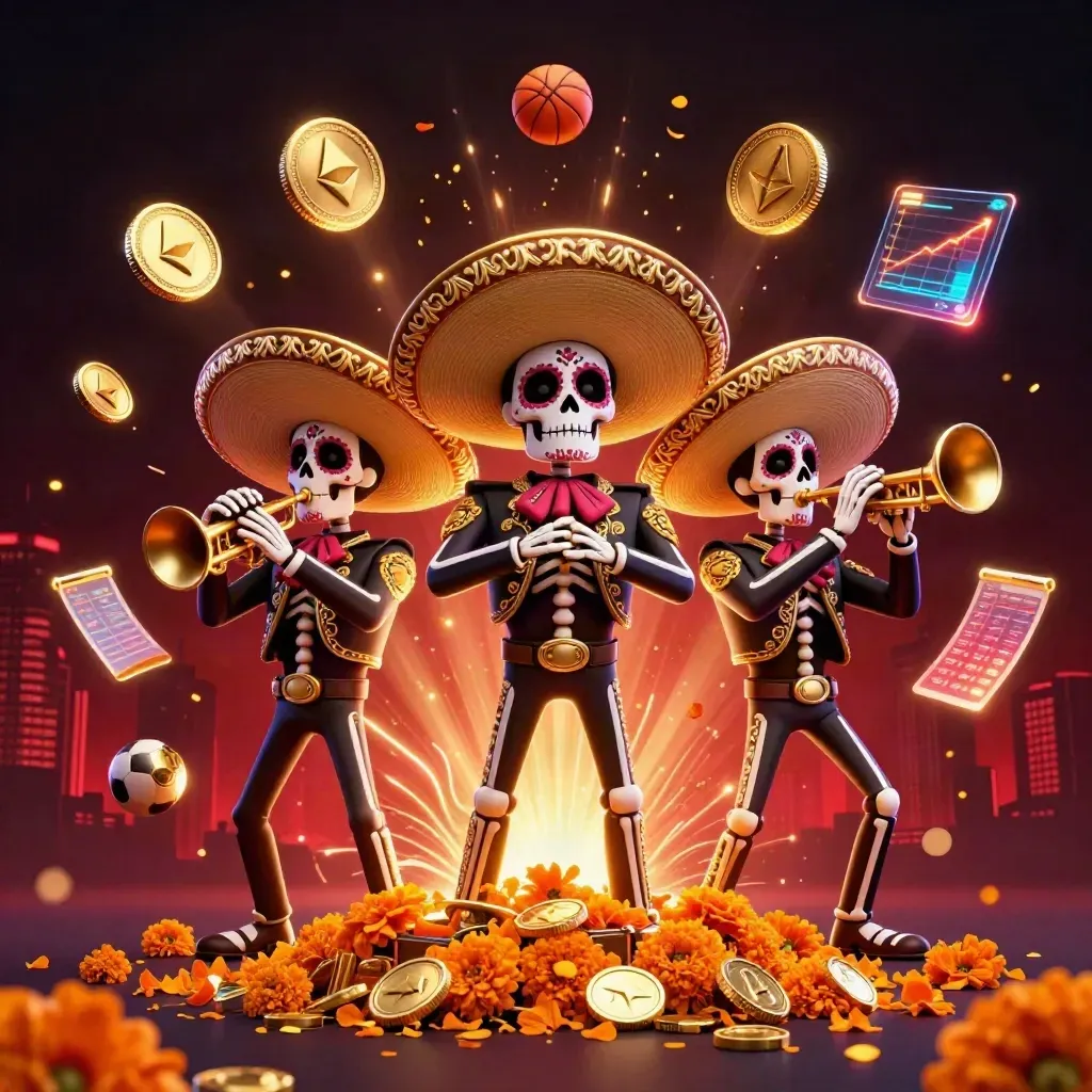 Skeleton mariachi trio with coins, crypto symbols, and festive casino fireworks