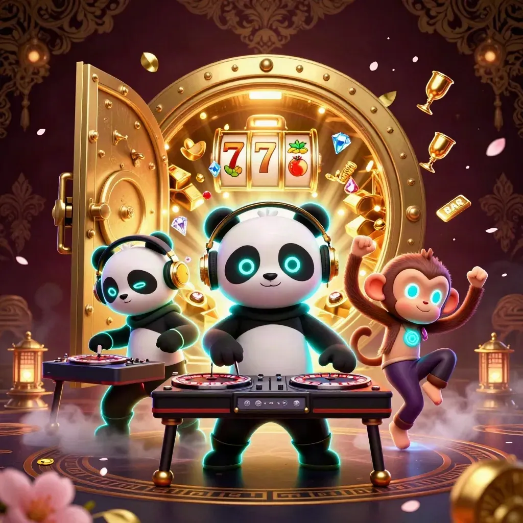DJ panda, dancing monkey, and glow-stick kitten burst from a glowing golden vault.