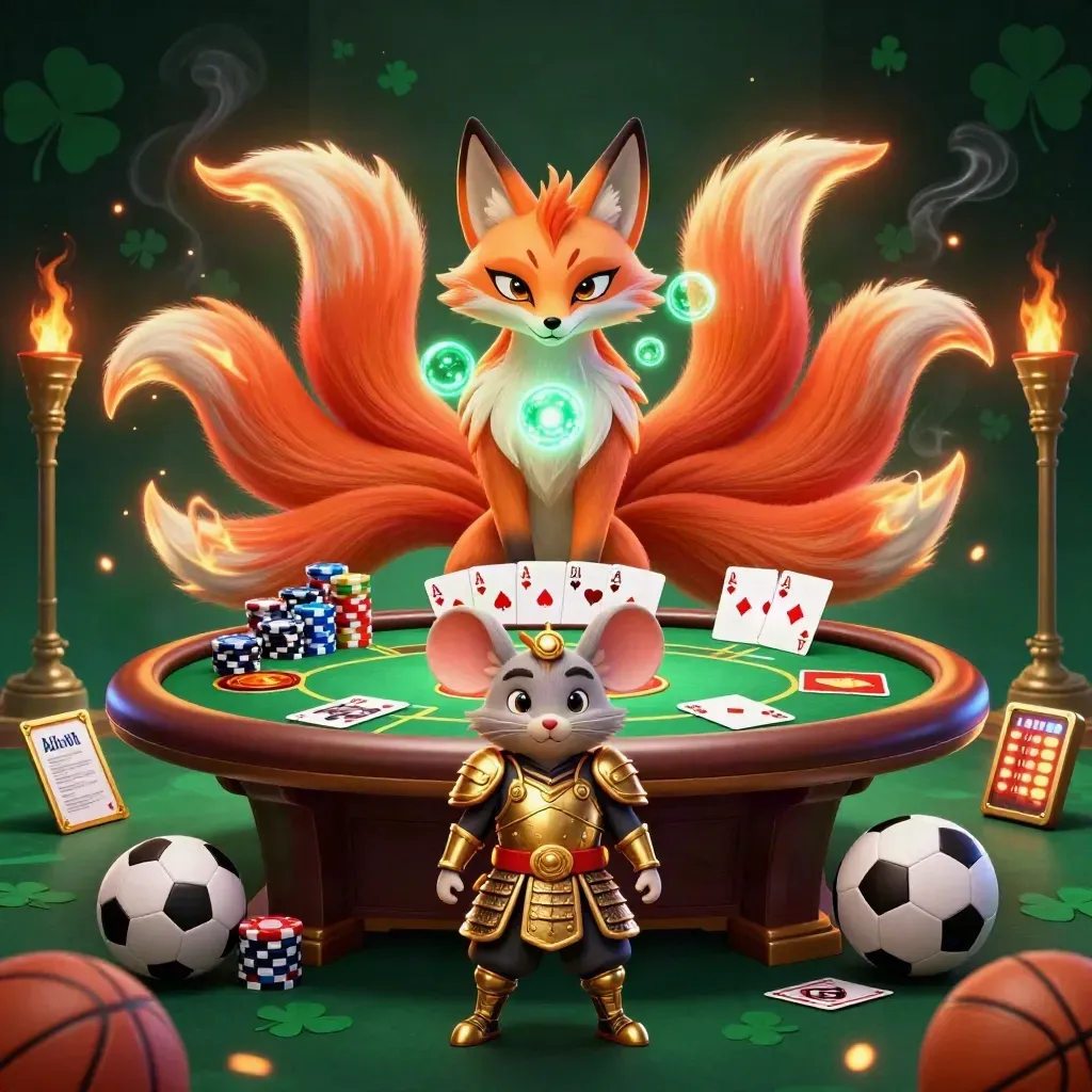 Neon fox spirit and armored samurai mouse with casino chips, cards, and sports bets