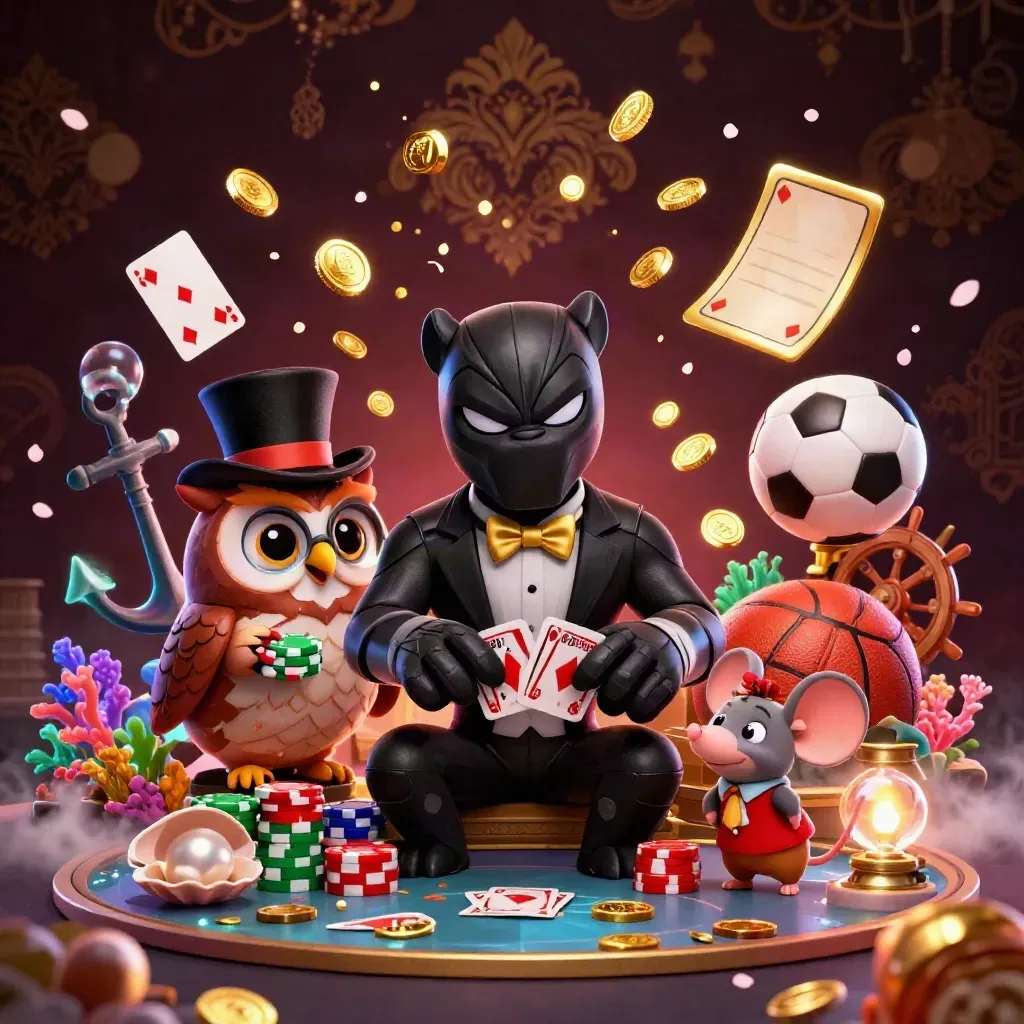 Panther, owl, and mouse casino heroes amid gold coins, coral, cards, and neon treasure