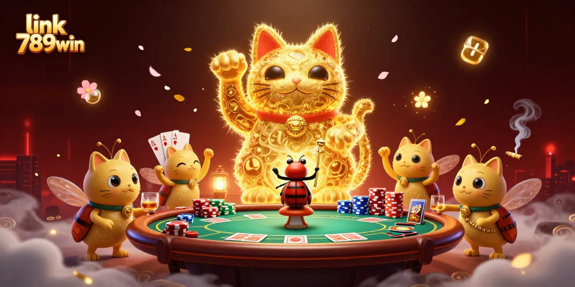 Experience the thrill of link 789win with vibrant gaming symbols and a golden lucky cat illustration.