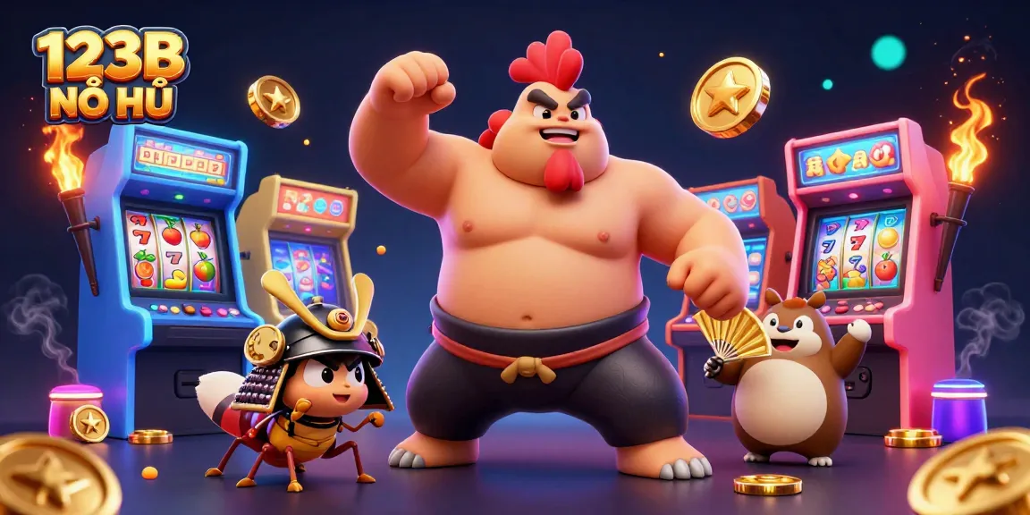 Spin to win with 123B NỔ HŨ in this vibrant casino-themed illustration showcasing dynamic gaming elements.