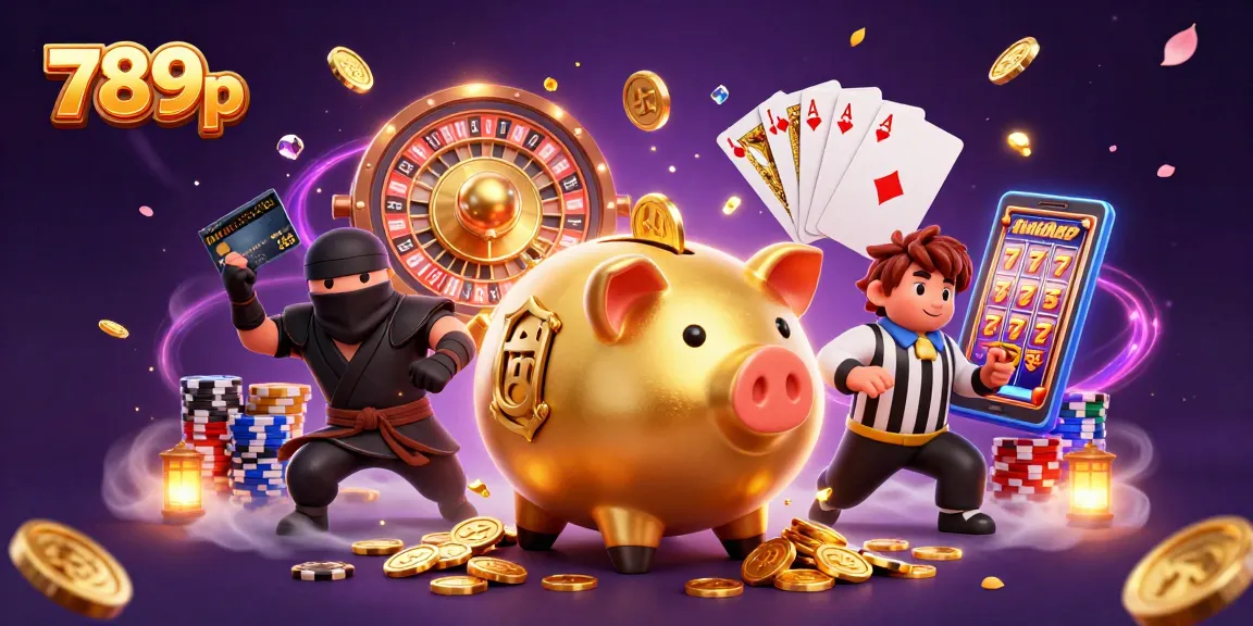 Engage with 789p's vibrant casino scene featuring a golden piggy bank sumo wrestler, a wallet ninja, and a credit card samurai.