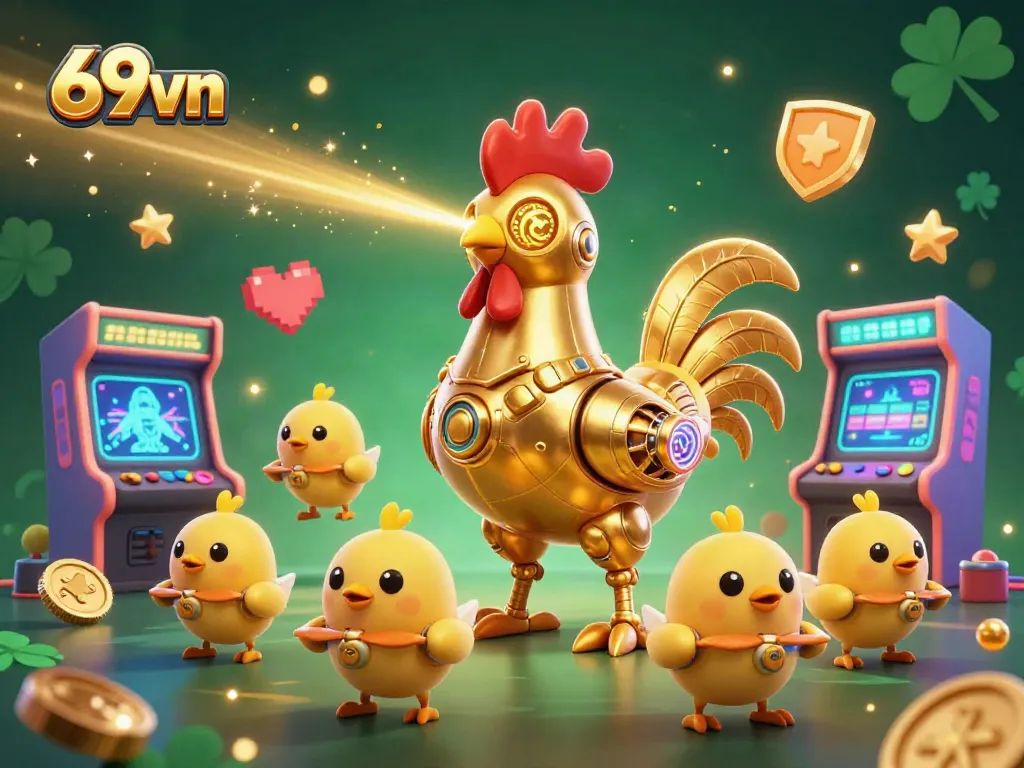 Watch 69vn's golden rooster and baby chick drones navigating exciting gaming adventures.