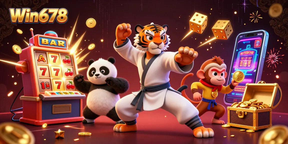 Experience the excitement of Win678 with a dynamic casino scene featuring a kung fu tiger master and engaging game elements.