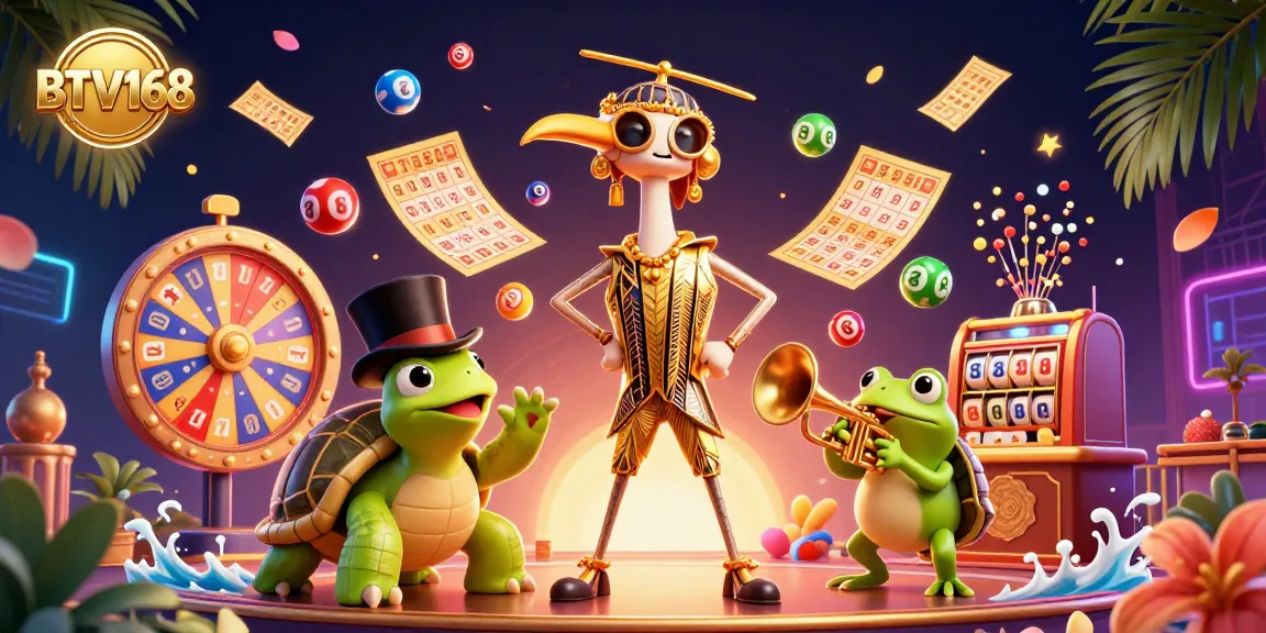 BTV168 promotes vibrant lottery excitement with charismatic characters in a dynamic casino scene.