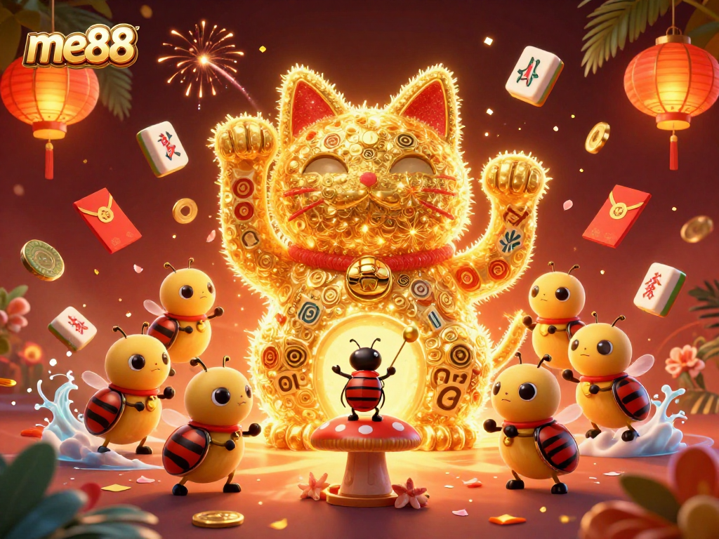 Experience the excitement of me88 with a giant lucky cat and vibrant casino symbols.