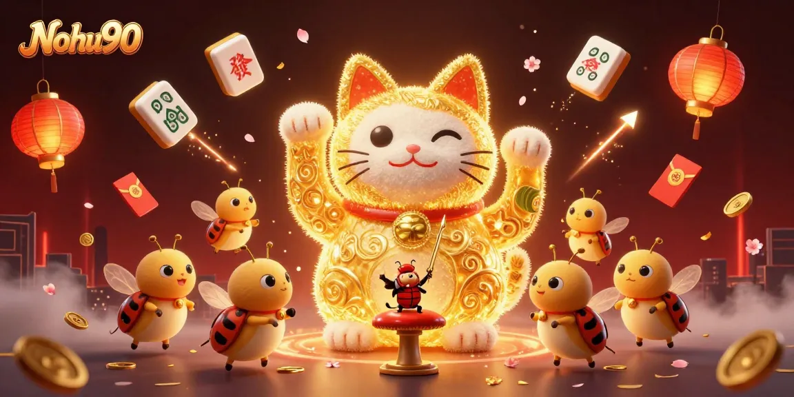 Nohu90 presents a dynamic scene with a lucky cat formed by fireflies and casino symbols, enhancing online gaming.