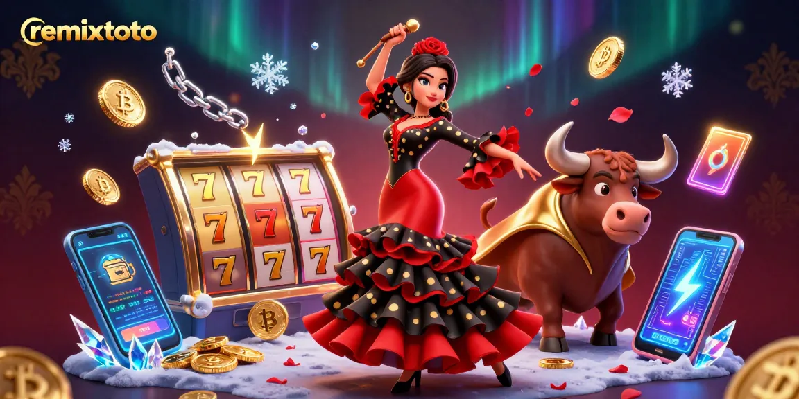 Experience the excitement of remixtoto with a vibrant casino scene featuring a flamenco dancer and a fighting bull.