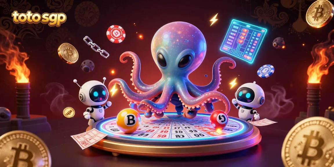 Engage with the thrilling toto sgp lottery illustration featuring an alien octopus operating a holographic lottery display.