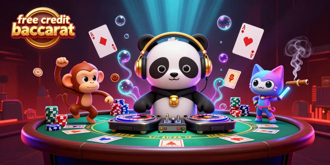 Experience the thrill of free credit baccarat with vibrant characters and lively casino elements in this dynamic illustration.