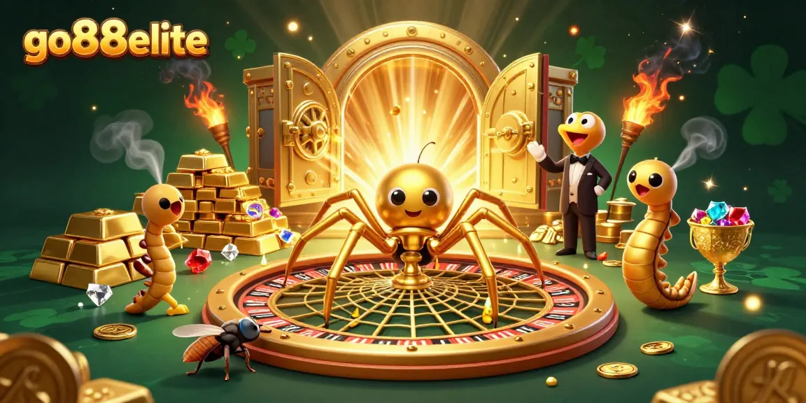 Place bets at go88elite's roulette wheel, with a golden spider and a centipede croupier.