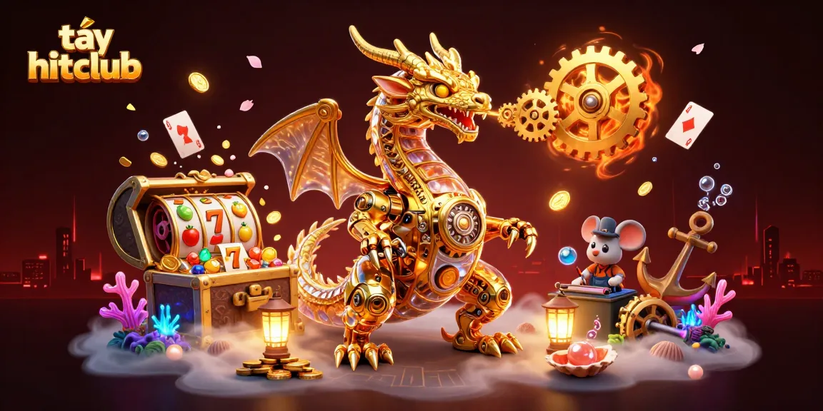 Play slots and win with tải hitclub in a vibrant 3D casino scene featuring a golden dragon and treasure.
