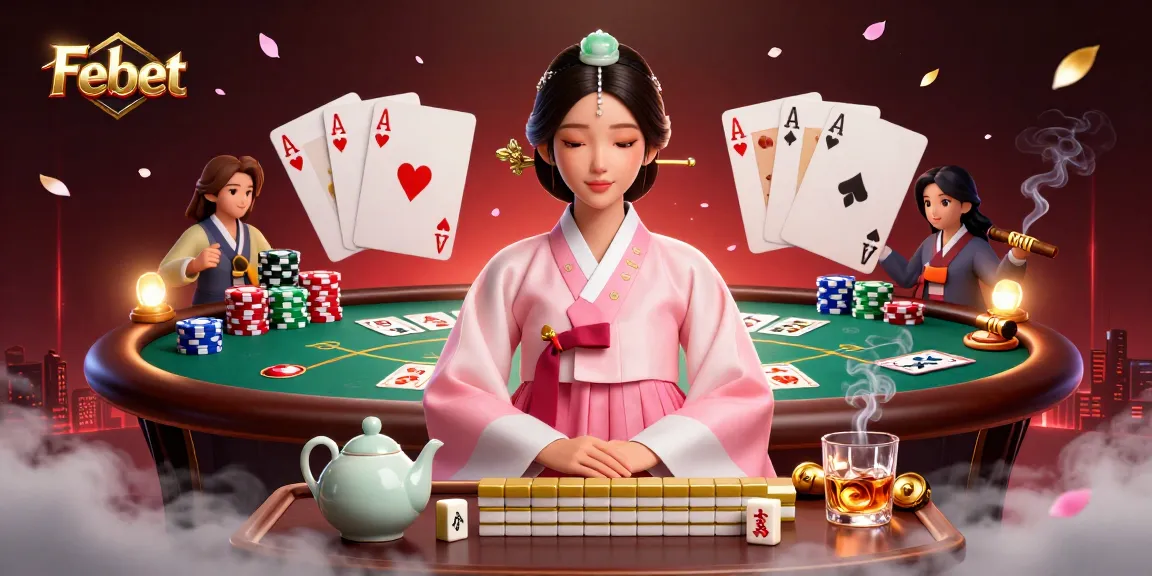 Experience thrilling gaming at Febet with a vibrant illustration of Asian culture and poker elements.